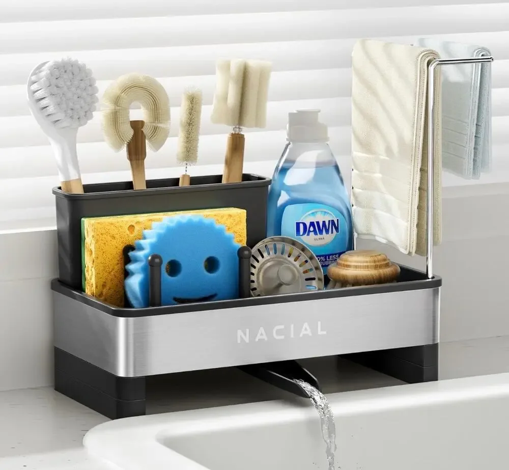 Kitchen Sink Caddy Brush & Sponge Holder, Two Towel Racks Stainless Steel